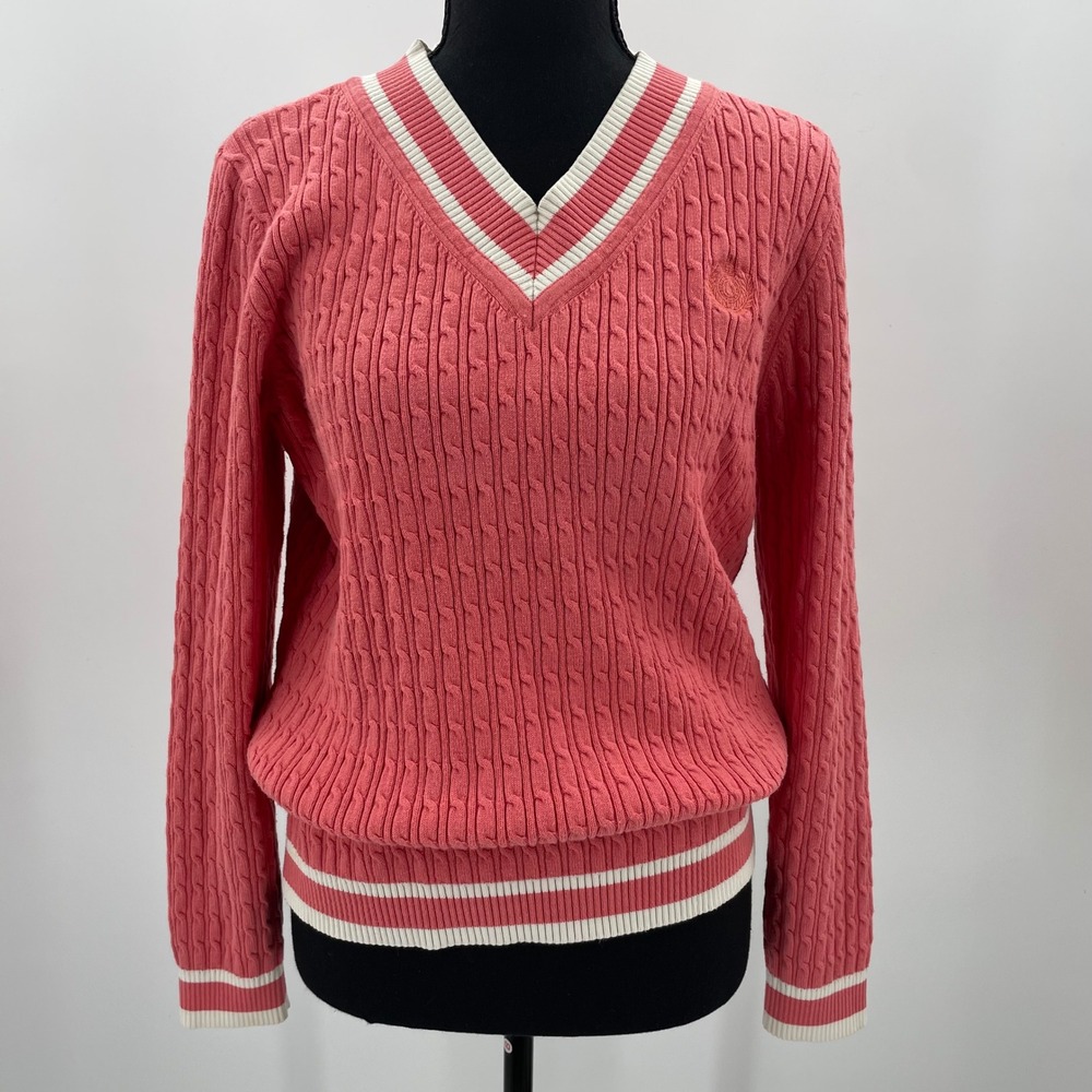 Liz‎ Claiborne Womens Large Coral Pink Cable Knit V-Neck Sweater Preppy Read